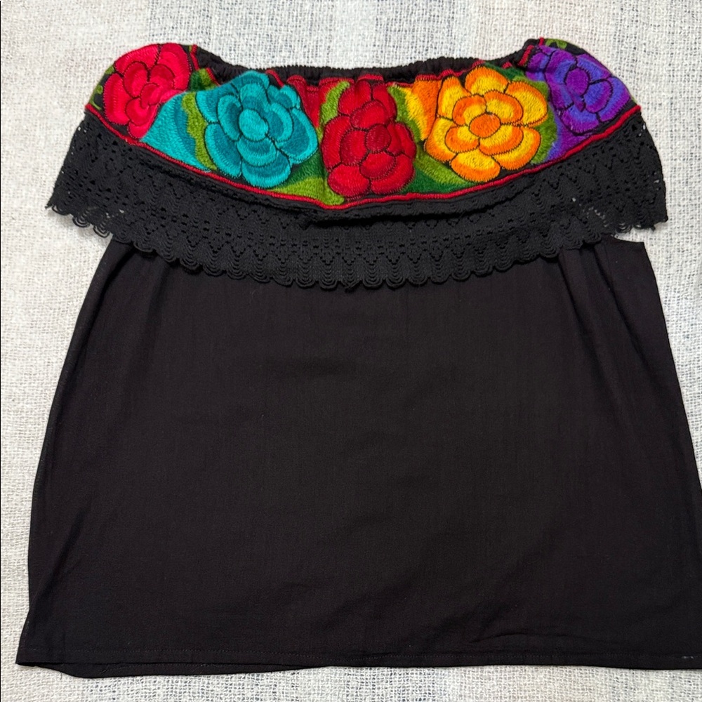 Black Off-Shoulder Crochet Trim Top